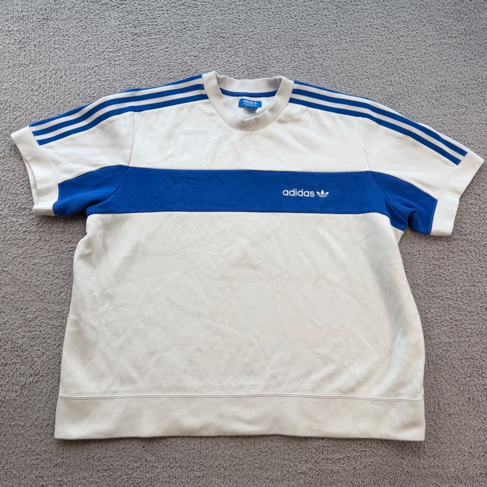 Adidas Originals Men 2XL Short Sleeve Sweatshirt Cream Blue Trefoil BR6930 2017